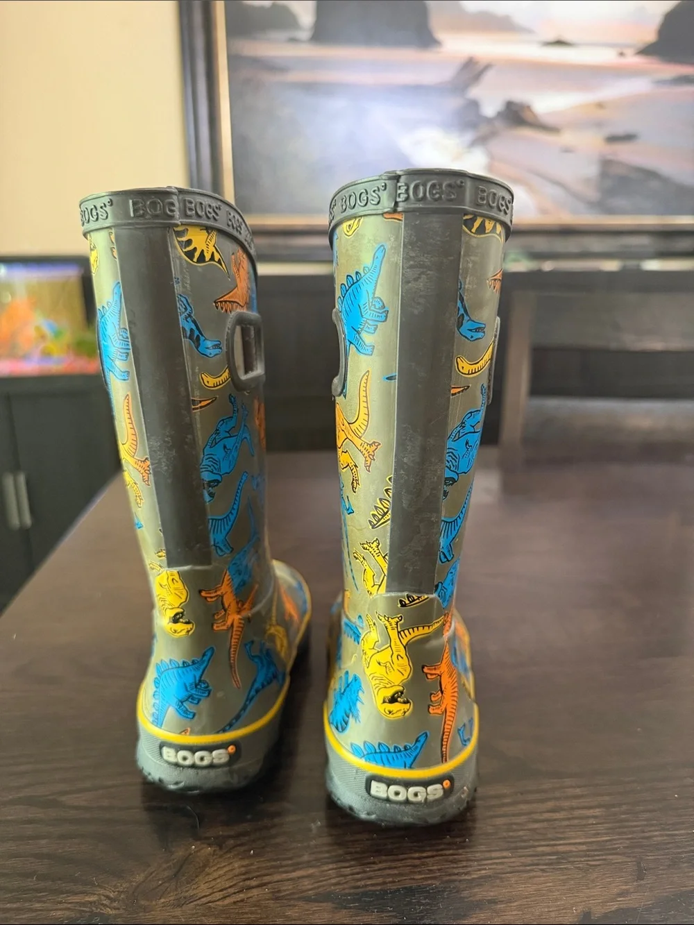 Bogs Kids Gray Rain Boots with Blue, Orange & Yellow Dinosaurs